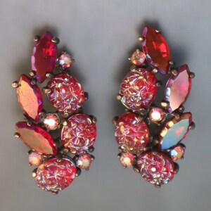 Schiaparelli Red Lava Stone Rhinestone Earrings Large Vintage