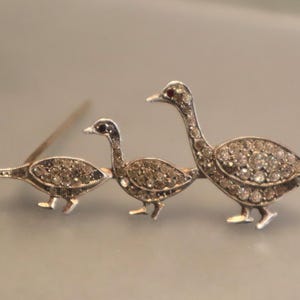 Sterling Paste Rhinestones Duck Family Brooch Vintage Pin