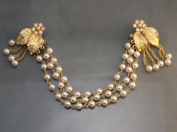 Vintage Rhinestone Chatelaine Brooches Faux Pearl… - image 1