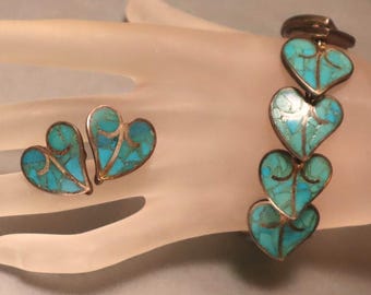 Sterling Turquoise Bracelet Earrings Set Mosaic Heart Leaves Mexican ?