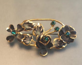 Green Rhinestone Austria Black Flowers Brooch Vintage Pin
