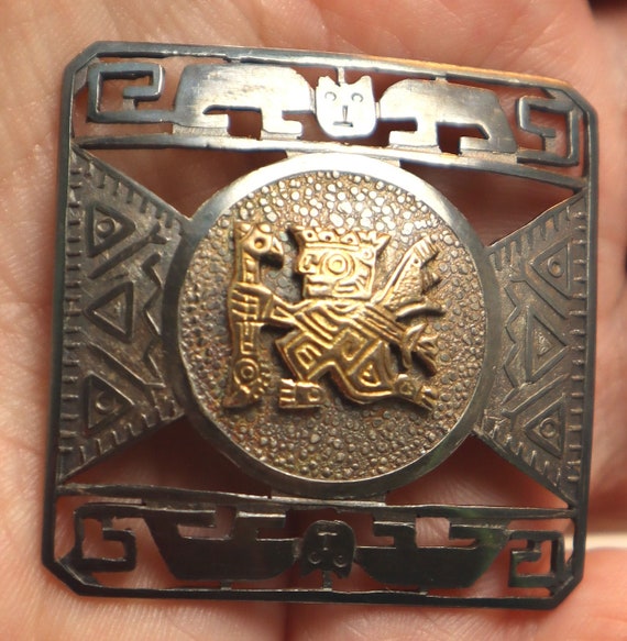 18k Sterling Aztec Maya Incan Brooch Vintage Pin - image 2