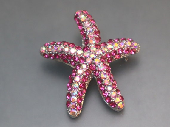 Pink Rhinestone Starfish Brooch AB Glass Stones - image 1