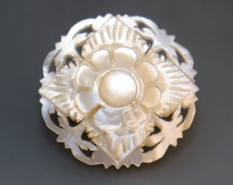 Bethlehem Pearl Carved Flower Brooch Vintage Mother of Pearl Pin