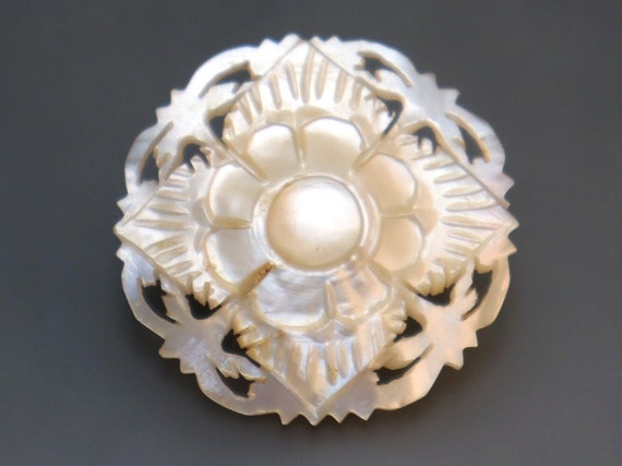 Bethlehem Pearl Carved Flower Brooch Vintage Moth… - image 1