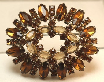 Champagne and Topaz Rhinestone Large Vintage Brooch Pin
