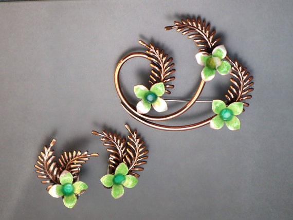Renoir Matisse Copper Enamel Brooch Earrings Set … - image 1