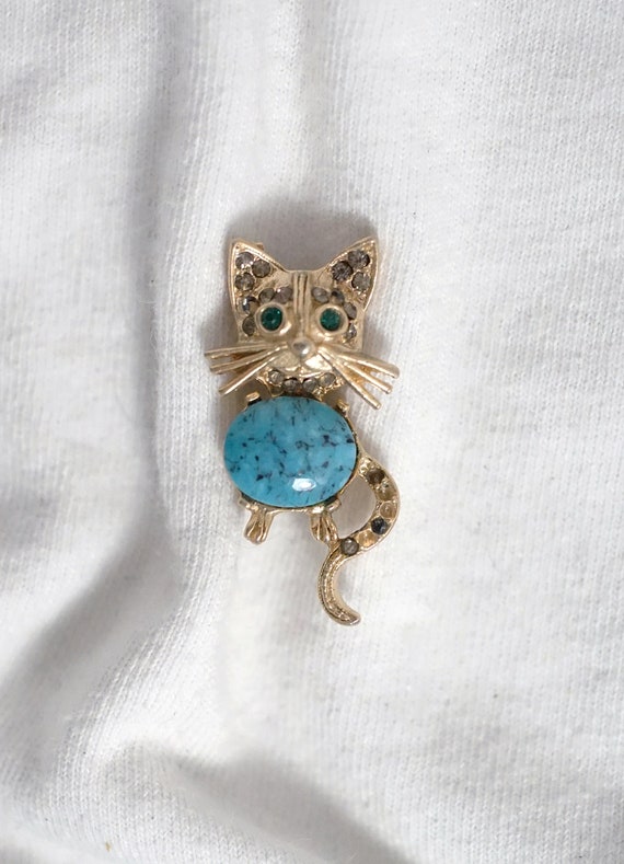 Turquoise Glass Kitty Cat Brooch Vintage Pin - image 1