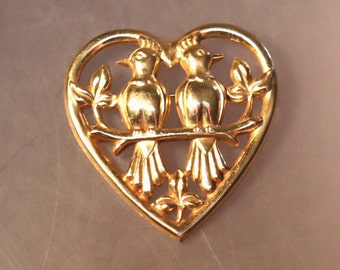 Vintage Coro Norseland Gold over Sterling Lovebirds Heart Brooch