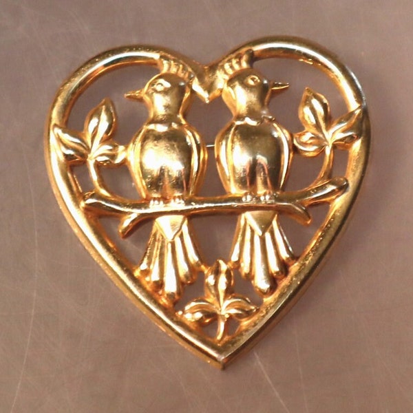 Vintage Coro Norseland Gold over Sterling Lovebirds Heart Brooch