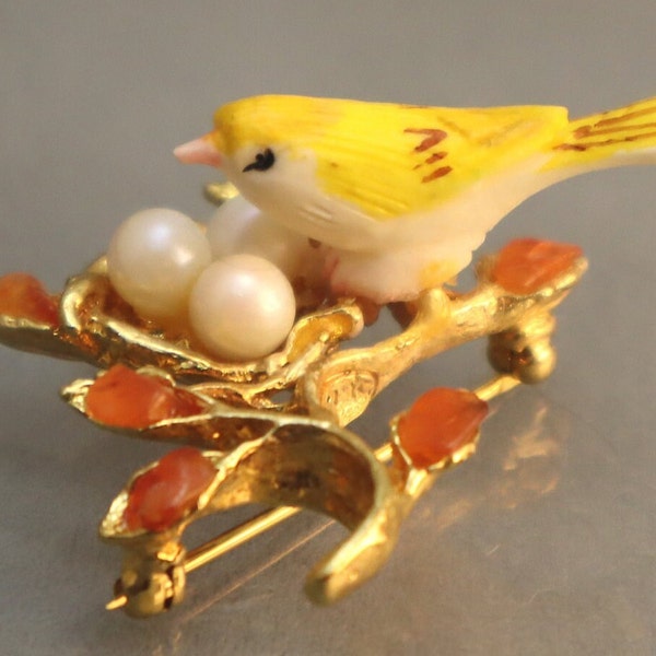 Swoboda Bird on Nest Brooch Pearl Eggs Orange Stones