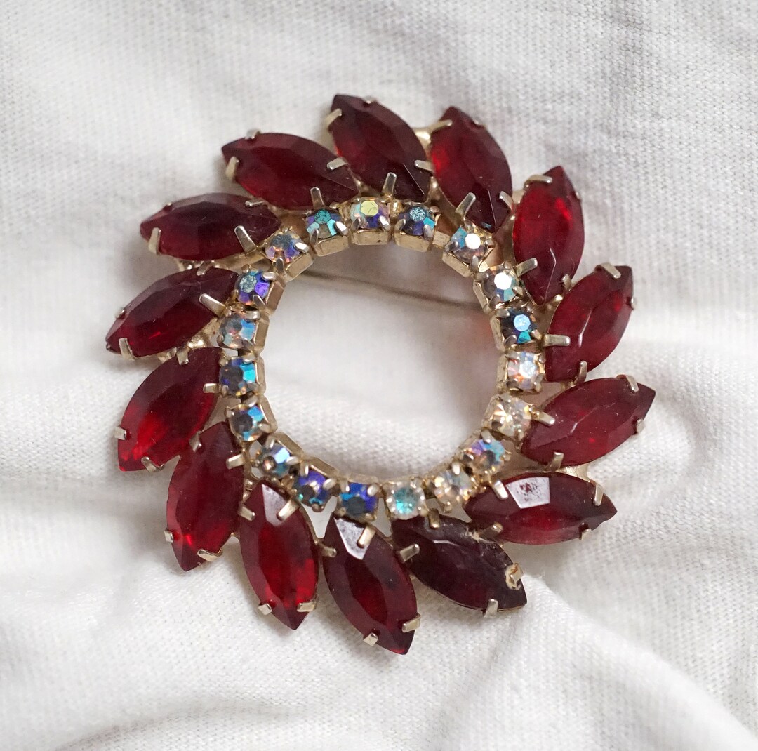 Red Rhinestone Brooch AB Wreath Circle Pin - Etsy