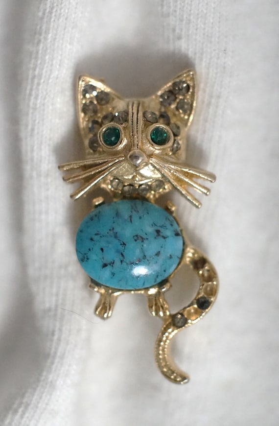 Turquoise Glass Kitty Cat Brooch Vintage Pin - image 2