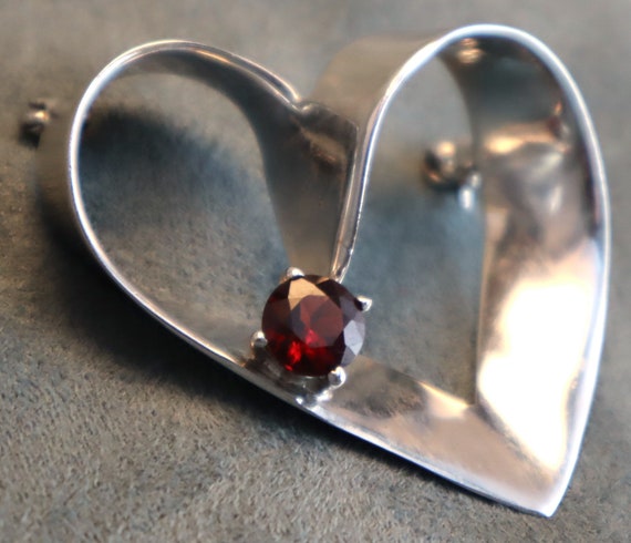 Sterling Heart Brooch Red Stone Signed ND Ribbon … - image 1