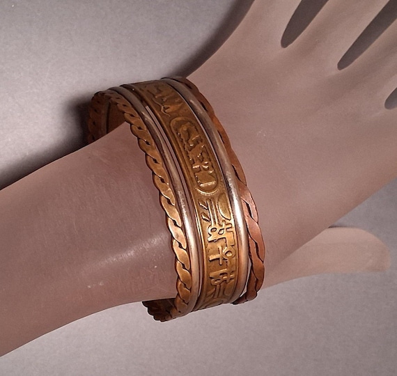 Vintage Egyptian Hieroglyphics Cuff Bracelet Mixed Metals