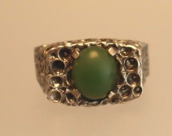 Vintage Sterling Brutalist Jade Heren Unisex Ring Maat 10