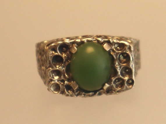 Vintage Sterling Brutalist Jade Mens Unisex Ring … - image 1