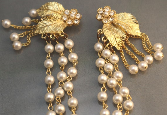 Vintage Rhinestone Chatelaine Brooches Faux Pearl… - image 2