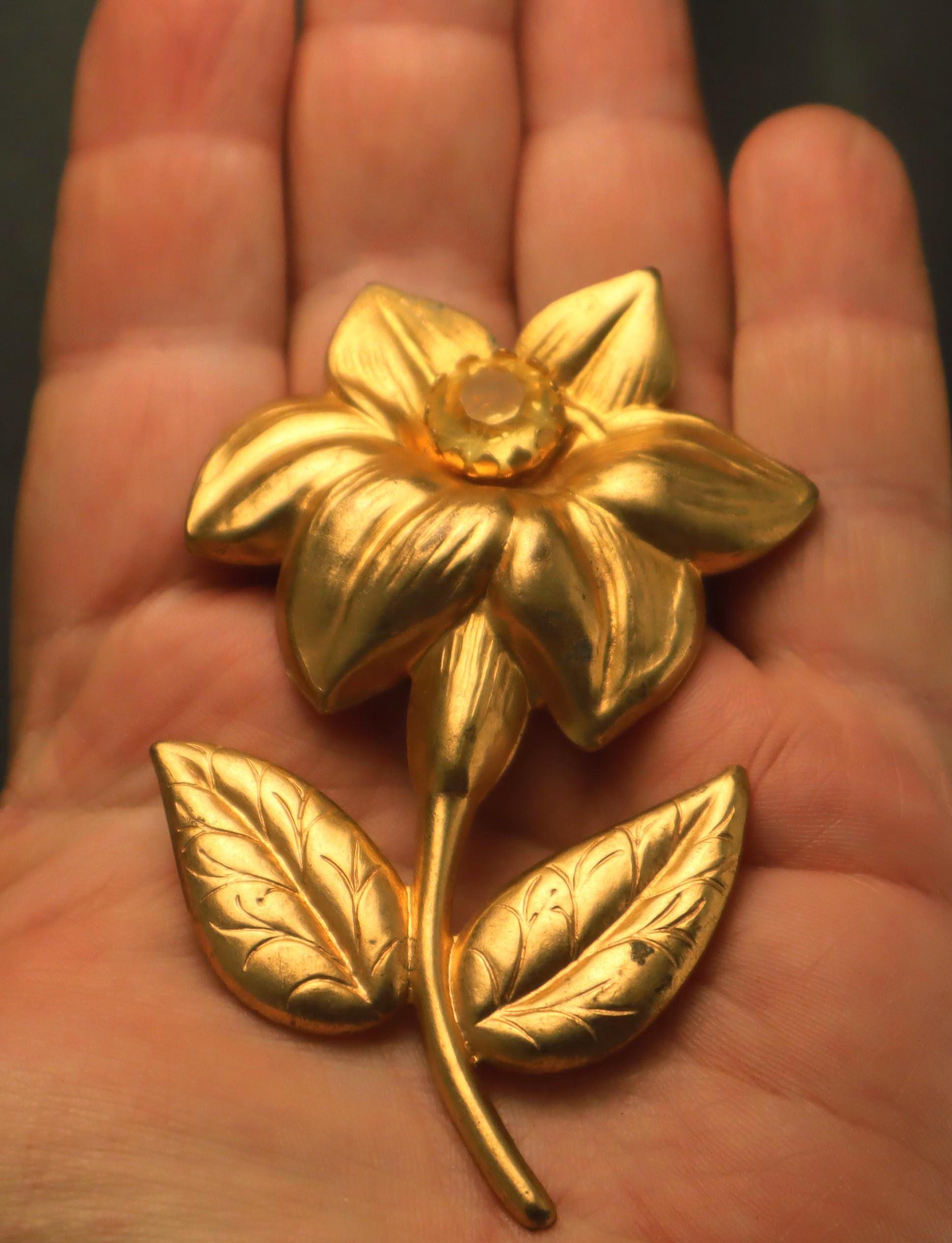 1940's Retro Citrine Rhinestone Flower Brooch Large Vintage Pin