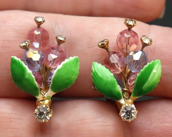 Pink Crystals Flower Earrings Pastel Rhinestones Blue Faceted Beads