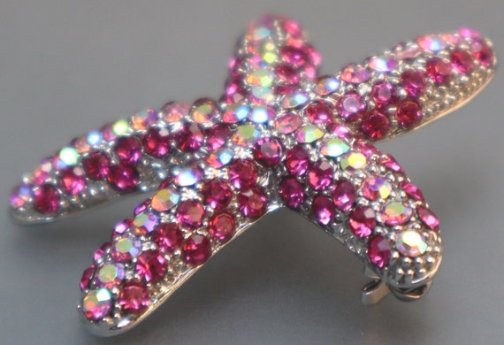 Pink Rhinestone Starfish Brooch AB Glass Stones - image 2