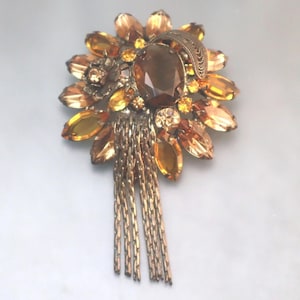 Alice Caviness Topaz Glass Rhinestone Flower Brooch with Chain Tassel