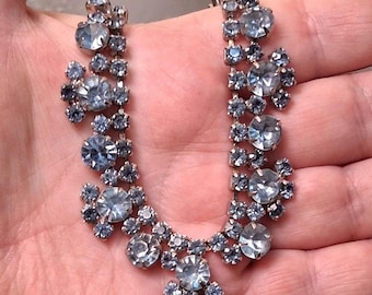 Vintage Blue Rhinestone Flower Necklace