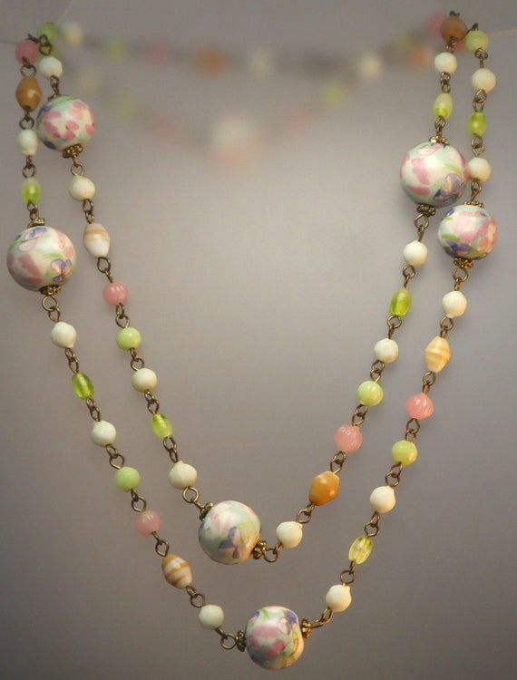 Vintage Watercolor Hand Painted Glass Necklace - image 2