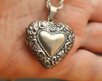 Puffy Sterling Heart Locket Necklace Signed