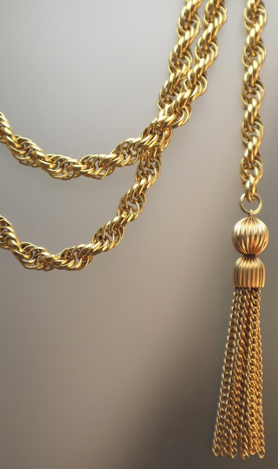 Vintage Tassel Lariat Necklace Chunky Gold Tone F… - image 7