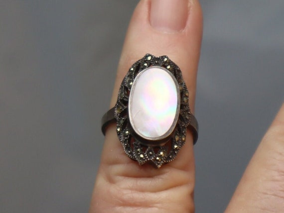 Deco Sterling Marcasite Mother of Pearl Ring 8.5 - image 1