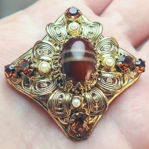 West Germany Porphyry Filigree Rhinestone Brooch-Pendant