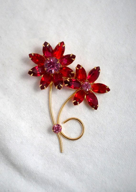 Vintage Rhinestone Fuchsia Red Flower Brooch Large