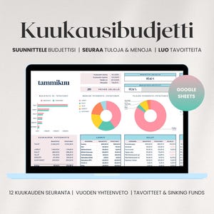 Pode incluir: Um laptop exibindo uma planilha financeira com gráficos e tabelas. A tela mostra o texto "Kuukausibudjetti" e "Google Sheets". A imagem inclui gráficos de pizza coloridos e tabelas de dados para orçamentação e acompanhamento financeiro.