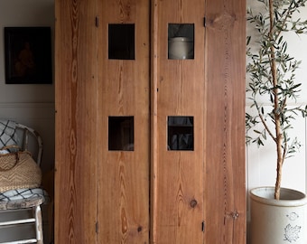 Antique Pine Storage Cabinet | Glass Doors, Rustic Farmhouse Armoire