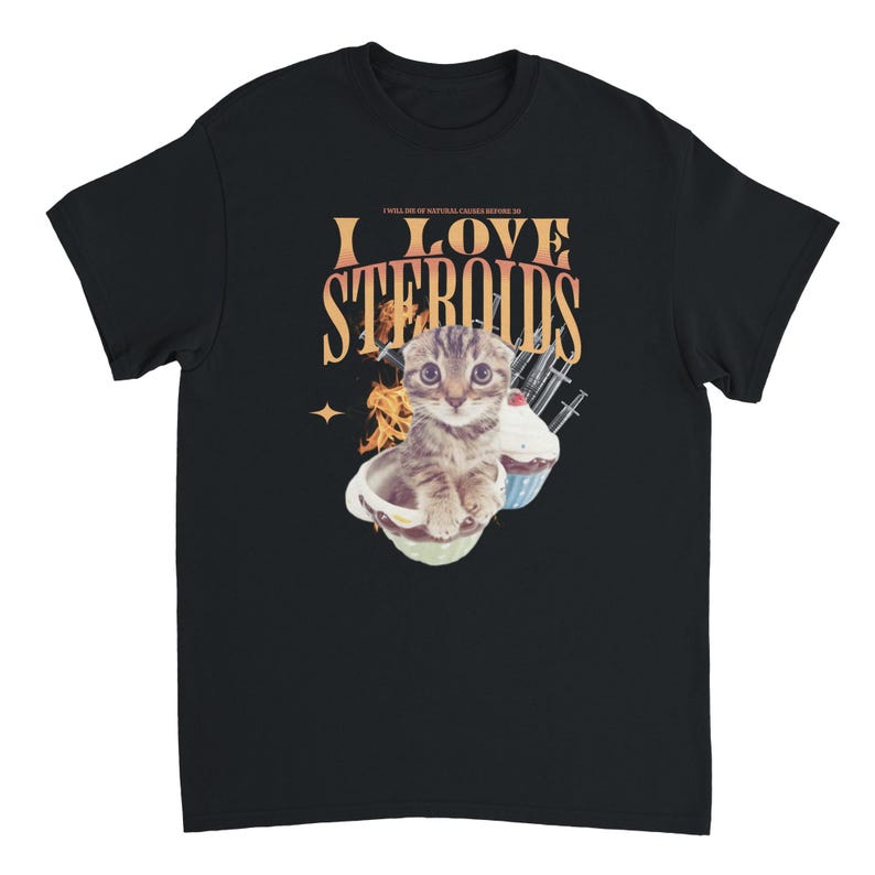 Camiseta con meme de gato "Amo los esteroides" / Divertida camiseta gráfica para amantes de los gatos y dueños de mascotas / Idea de regalo humorística / Camiseta desquiciada y vergonzosa Black