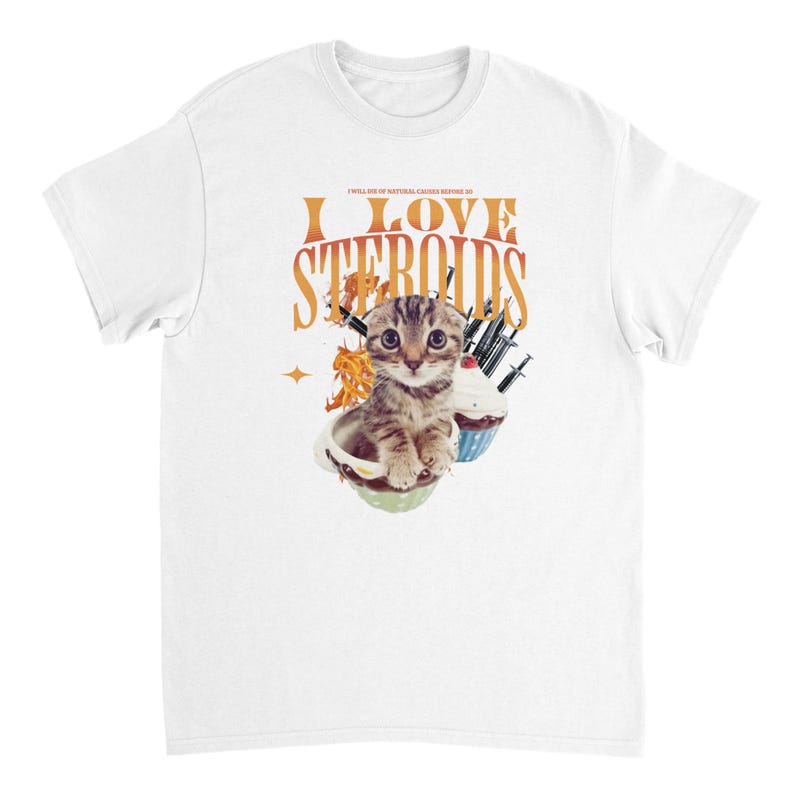 Camiseta con meme de gato "Amo los esteroides" / Divertida camiseta gráfica para amantes de los gatos y dueños de mascotas / Idea de regalo humorística / Camiseta desquiciada y vergonzosa White