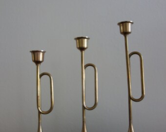 Set of Three Brass Candlestick Holders, with Patina