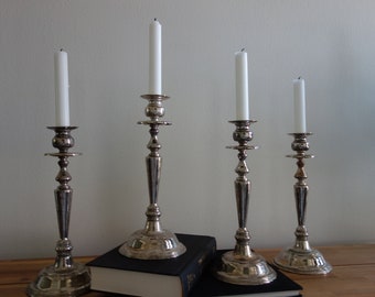 Set of Four Silver Plate Candlestick Holders, with Patina