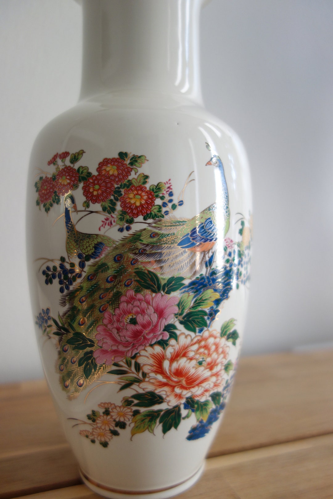 Vintage Japanese Vase, Peacock and Floral Detail, With Gold Trim Etsy