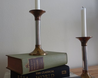 Set of 2 Vintage Ornate Duo Tone Metal Taper Candle Holder, Brass and Silver, Pair measures just under 8 inches in height