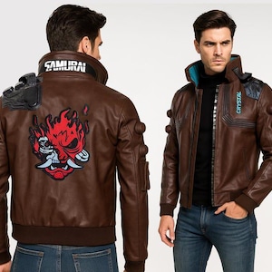 Cyberpunk V Samurai Jacket: Brown Leather Bomber, Gamer Cosplay