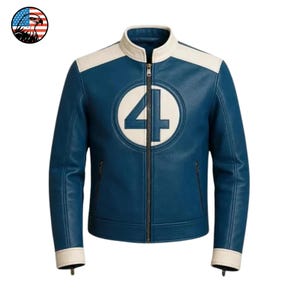 May include: Blue leather jacket with white accents on the shoulders and collar. Features a large white circle with the number "4" on the chest. The jacket has a zipper closure and two side pockets. A classic superhero-inspired design.
