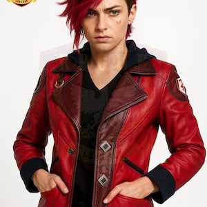 Arcane VI Jacket for Women | Handmade Red Leather Jacket | Genuine Leather Cosplay Costume | Stylish Gaming Outfit | Game Cosplay Jacket