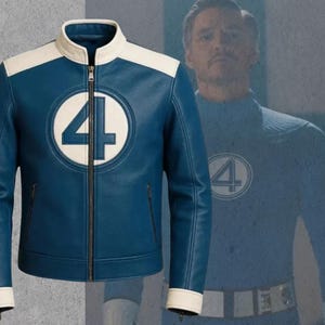 May include: A blue and white leather jacket with a full-length zipper and a white collar. The jacket features a large white circle with the number 4 in the center on the chest. The jacket is a replica of the one worn by a character in a superhero movie.