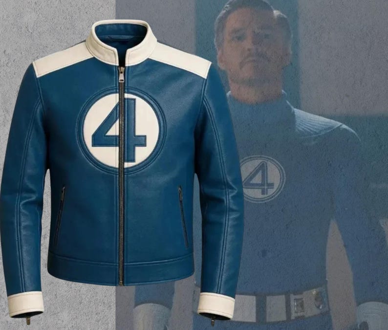 May include: A blue and white leather jacket with a full-length zipper and a white collar. The jacket features a large white circle with the number 4 in the center on the chest. The jacket is a replica of the one worn by a character in a superhero movie.