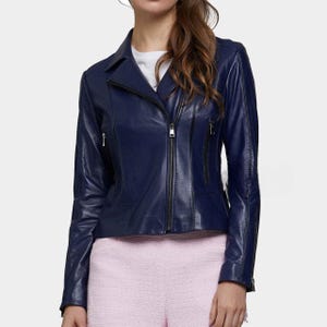Navy Blue Leder Bikerjacke: Damen Slim Fit Moto Oberbekleidung