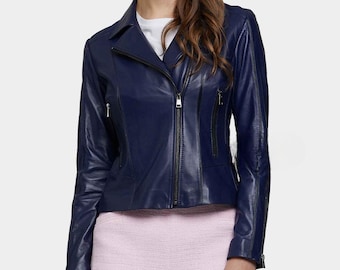 Women&#39;s Navy Blue Leather Biker Jacket, Leather Jacket, Classic Moto Jacket, Ladies Motorcycle Jacket, Stylish Outerwear