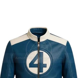 May include: A blue leather jacket with white accents on the shoulders and collar. The jacket features a large white circle on the chest with the number "4" in blue. The jacket has a zipper closure.