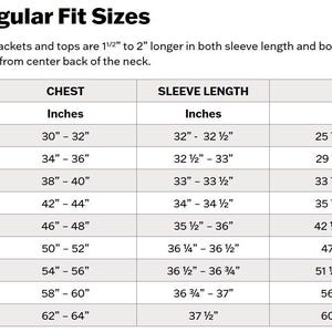 May include: A size chart for men's regular fit jackets and tops. The chart includes chest, sleeve length, and waist measurements in inches for sizes XS to 5XL. The text at the top reads "Men's Regular Fit Sizes."